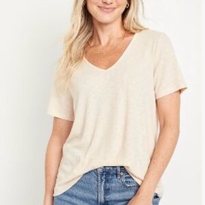 Ribbed Cream Luxe V Neck Tee Large